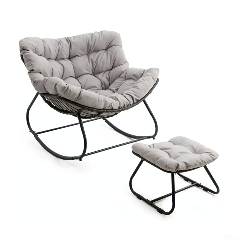 Chaise berçante avec repose-pieds, repose-pieds et coussins en osier toutes saisons, Gris clair