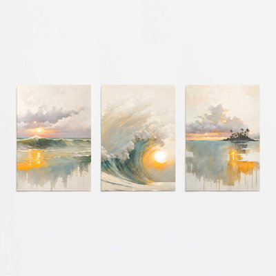 Golden Waves at Sunset Set of 3 Prints in a Frame
