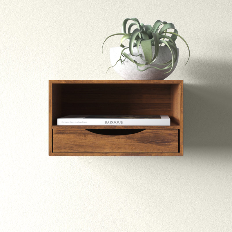 Adeana Poplar Floating Shelf with Drawer, Rustic Brown