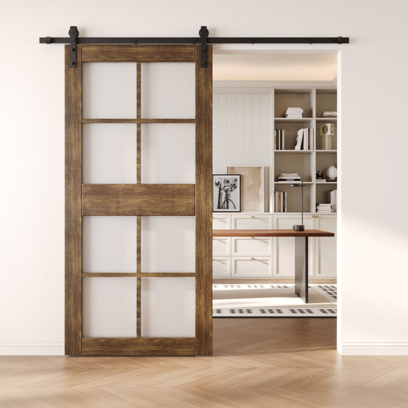 Porte de grange non assemblée et fini en verre noyer foncé 30 po x 84 po Homacer de 30 po x 84 po Homacer, usage intérieur seulement