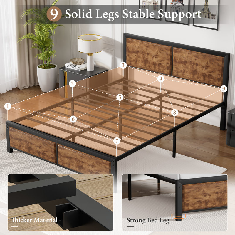 Kempst 3 Piece Queen Size Bedroom Set, Modern Wood Platform Bed Frame and Nightstand Set, Farmhouse Industrial Bedroom Furniture Set in Brown, No Box Spring Needed