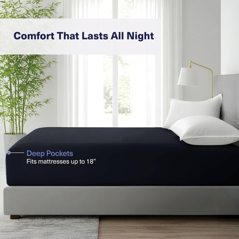 100% Viscose from Bamboo Fitted Sheet Only, 300 Thread Count, Extra Deep Pocket, Elastic with 4 Corner Straps, Cooling & Breathable, Bedding Sheets for Hot Sleepers - Gift-Ready Packaging (Black)