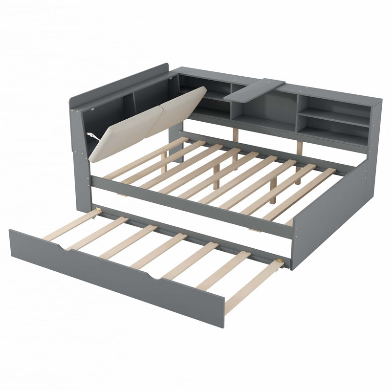 Lit plateforme avec lit gigogne, gris