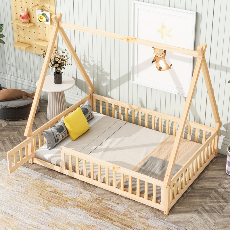 Lit double avec structure et garde-corps en bois naturel pour les nuits calmes, Lit double, Naturel
