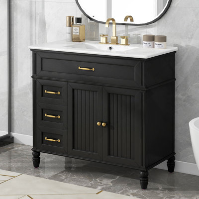 36" Bathroom Vanity With Sink, Black Bathroom Cabinet With Drawers, Solid Frame And MDF Board, One Package