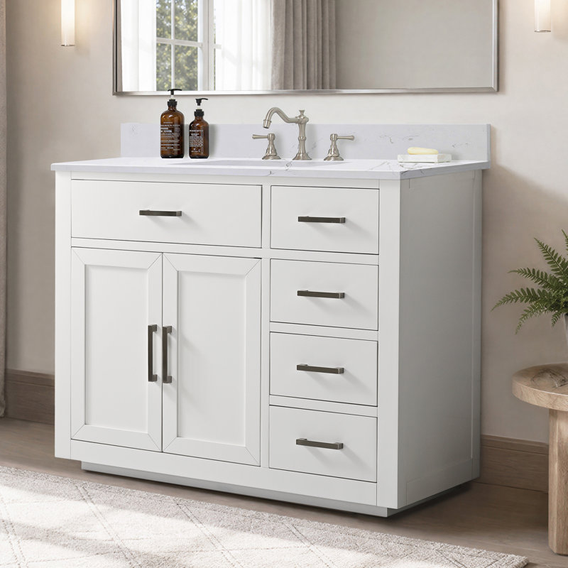 Ingalls 42'' Freestanding Single Bathroom Vanity with Engineered Stone Top, White, Soft Carrara White