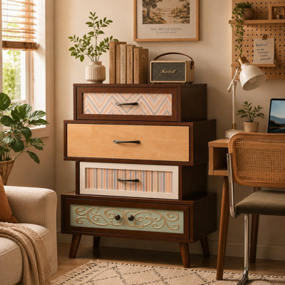 Modern Eclectic 4-drawer Chest With Patterned Fronts – Accent Storage Cabinet