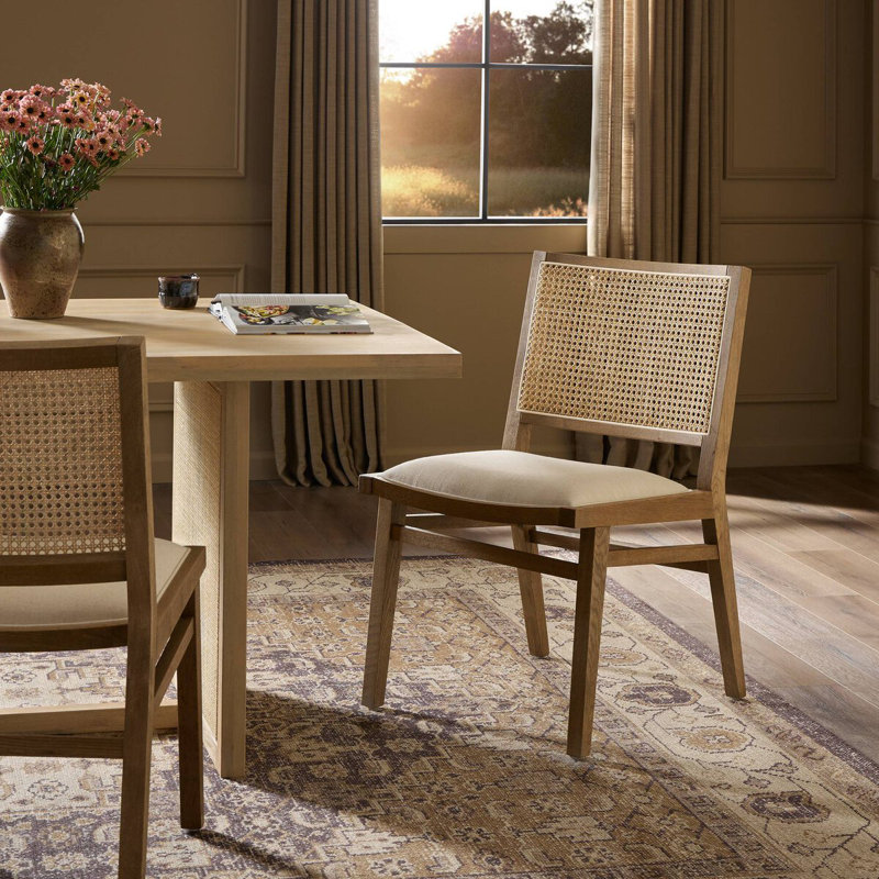 Chaise de salle à manger Miraz, Chêne grillé, Mélange de polyester crème et lin