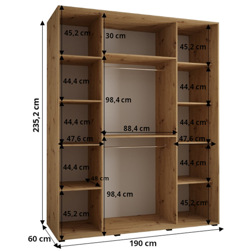 3 Door Manufactured Wood Wardrobe, 235.2cm H x 190cm W x 60cm D, Black/White
