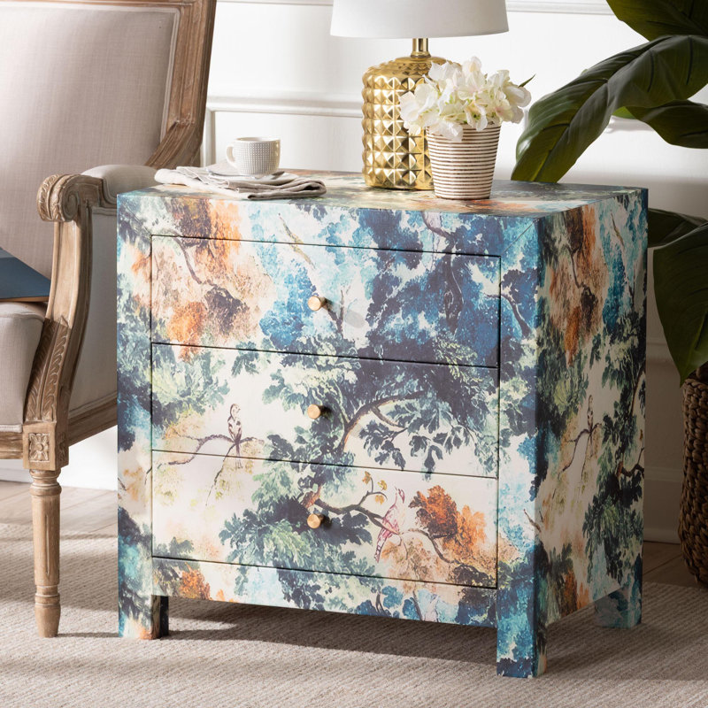Table de bout Baxton Studio Adeline avec motif naturel imprimé - armoire de rangement à 3 tiroirs
