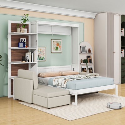 Wooden Murphy Bed with Sofa and Shelves