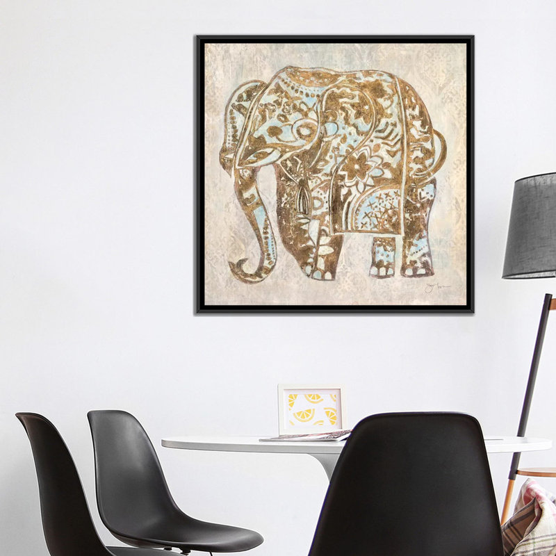 «Boho Elephant», impression sur toile, H 26 po x l 26 po x P 1,5 po, Toile avec cadre noir, Pas de tapis