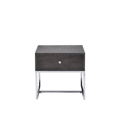 Table de bout 22 po x 20 po avec placage en chêne gris et base en métal compacte et capacité de rangement
