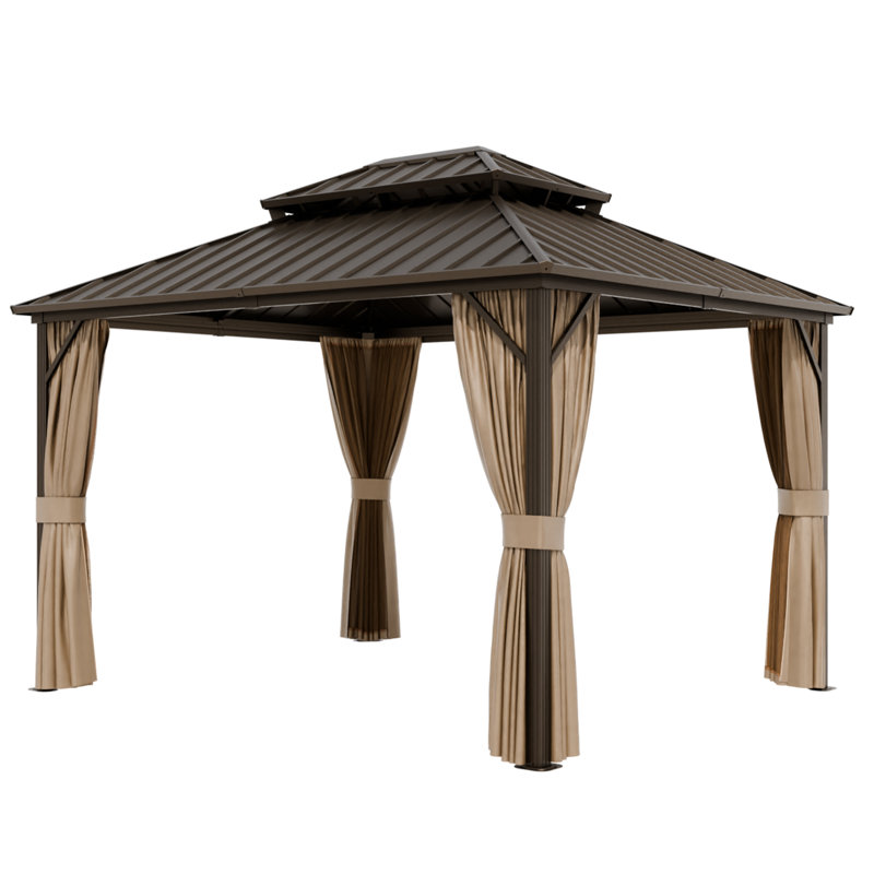 Pavillon de jardin en aluminium à toit double avec toit et rideaux, H 114 po x l 144 po x P 120 po
