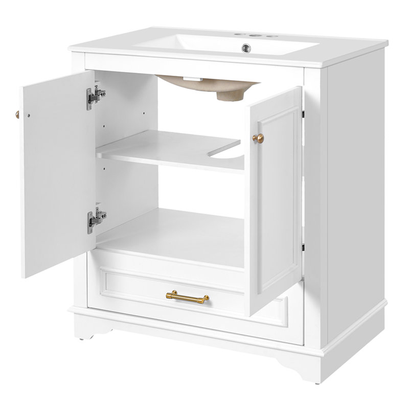 Meuble-lavabo de luxe 30 po avec lavabo en céramique, meuble-lavabo avec 2 grandes portes à fermeture douce, meuble de rangement en bois massif