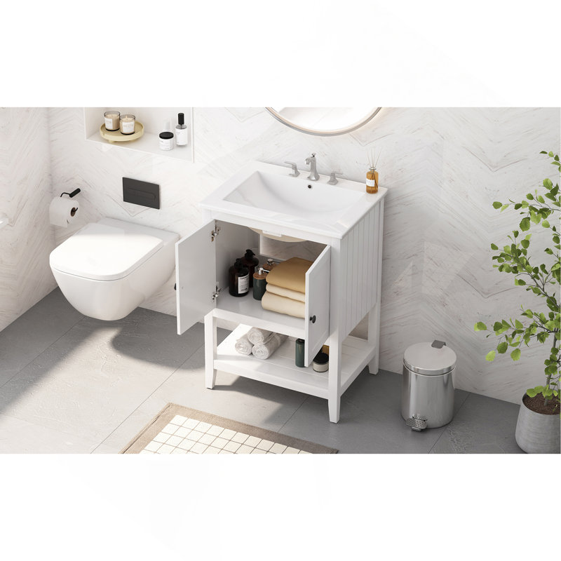 Lavabo de salle de bain moderne élégant en céramique blanche 24 po avec tablette ouverte en bois massif