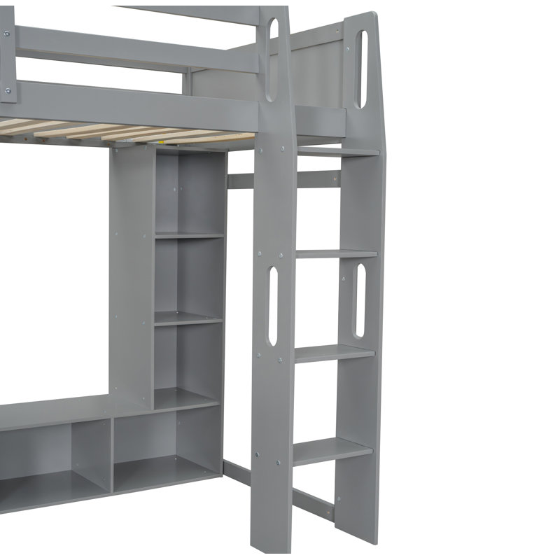 Lit mezzanine simple en bois avec bureau, étagères à rangement multiples, DEL et support à vêtements suspendu, gris
