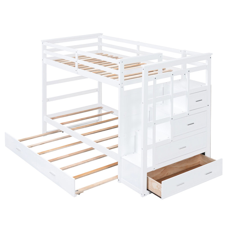 Lit superposé simple en bois massif avec escalier et tiroirs de rangement - Décoration de chambre à coucher efficace, Blanc