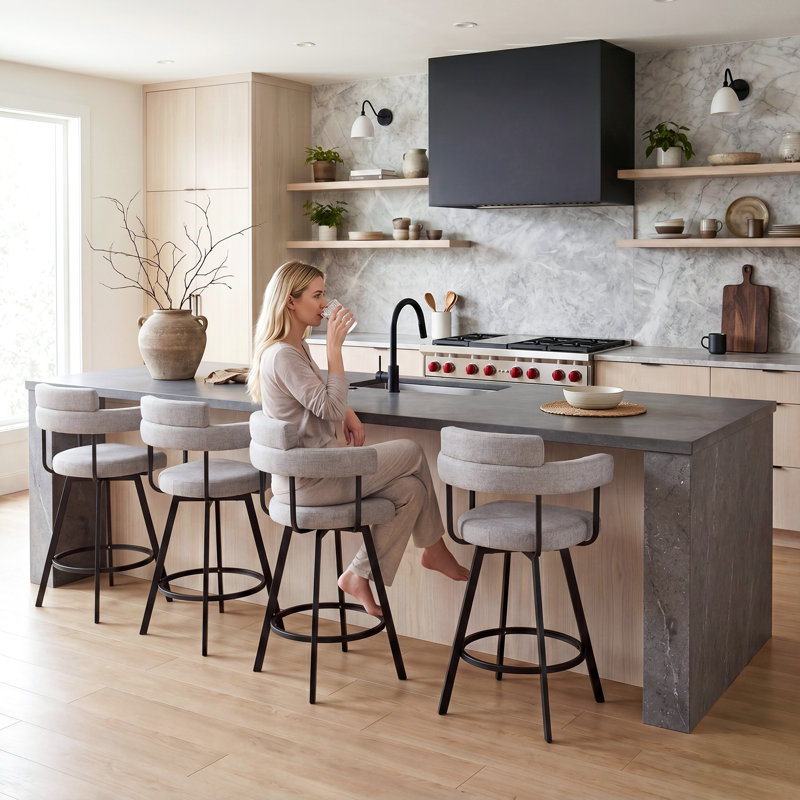 Rabassa Swivel Upholstered 26" Linen Counter Stool with Curved Wing Back and Metal Frame, Gray