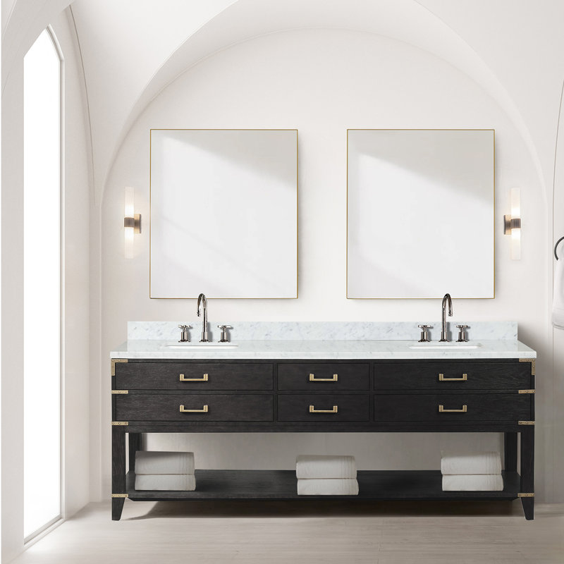 84 po De salle de bain double en chêne gris avec dessus en marbre scellé, robinet et rangement à quatre tiroirs, Gris