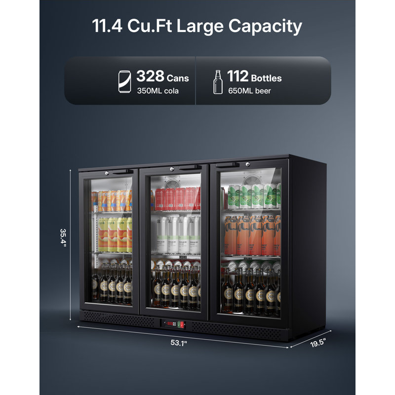 11.4 Cu.Ft Back Beverage Refrigerator With 3 Glass Doors, Commercial Back Bar Cooler