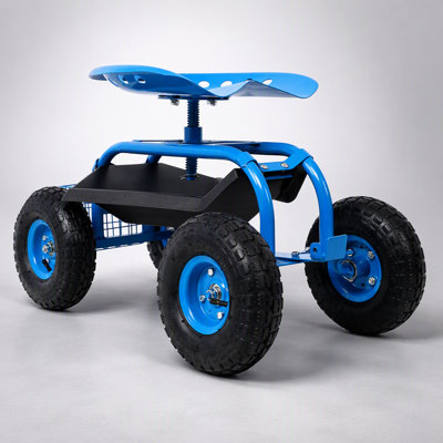 Scooter de jardin roulant durable avec siège pivotant, plateau à outils et grandes roues pour faciliter le déplacement et le rangement