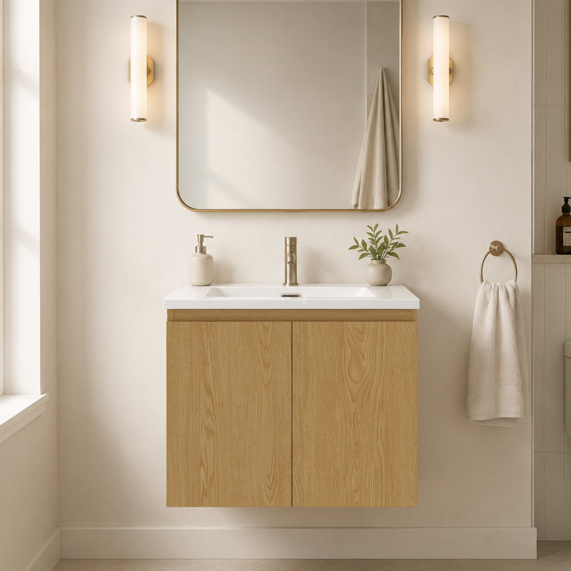 Meuble-lavabo flottant mural 24 po avec lavabo en céramique, noyer naturel, bois massif, Noyer naturel, 24"