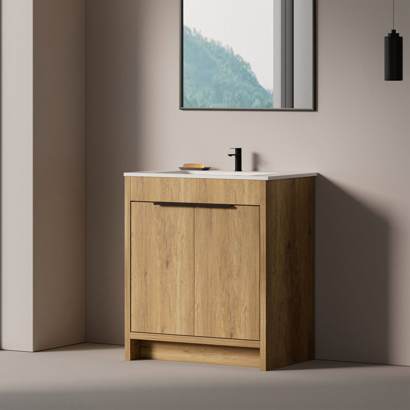 30" Freestanding Single Bathroom Vanity Set with Integrated Solid Surface Sink, Soft-Close Doors & Natural Oak Finish