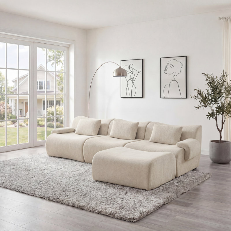 Chester 35.4'' Wide Upholstered Ottoman，No Assembly Required，Chenille Single Ottoman Modular Part For Sectional Sofa, Beige