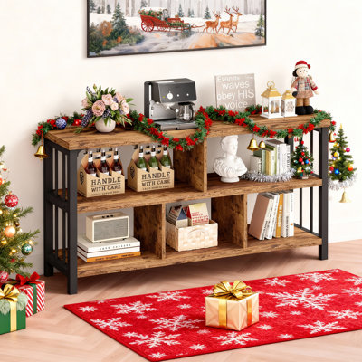 Horizontal Bookshelf, Modern Cube Storage Organizer Bookcase Wide Bookshelves, Industrial Wood Metal Book Shelf, Cube Shelf for Office Home Living Room
