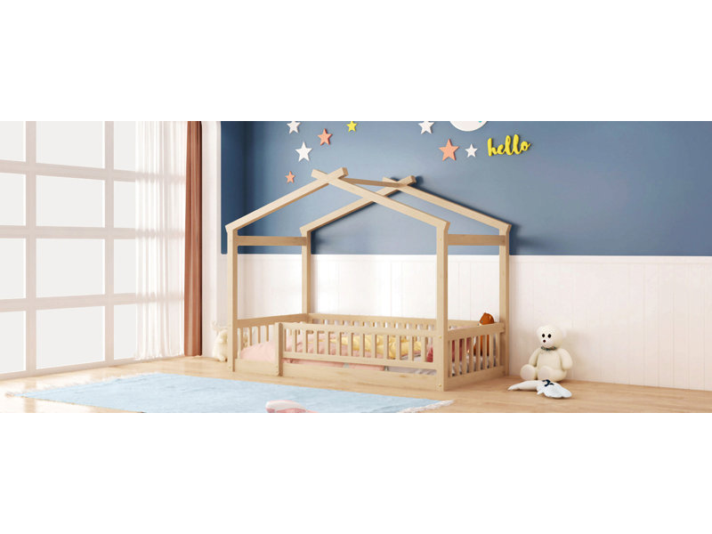 Cadre de lit en bois avec clôture, pour enfants, adolescents, naturel, Lit simple