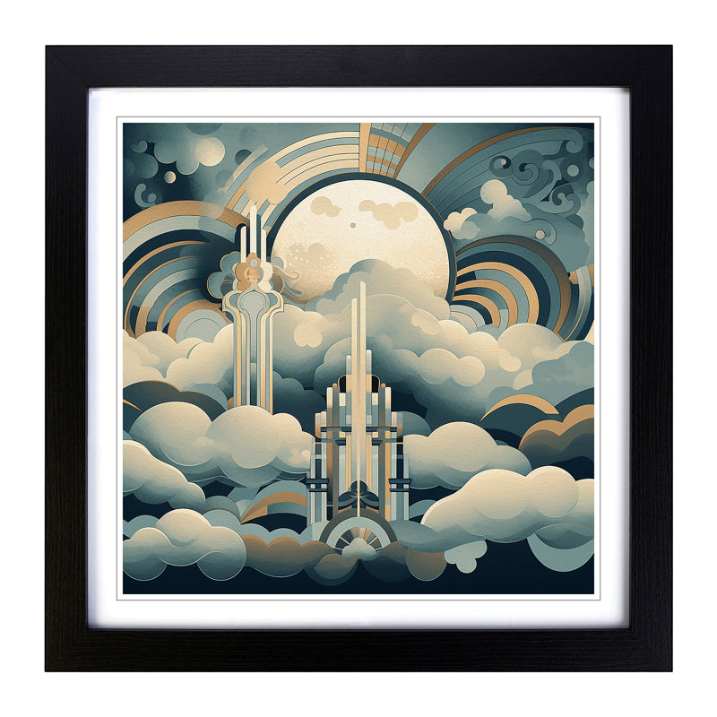 Cloudy Sky Art Deco No.1 - Single Picture Frame Print on Wood, Black