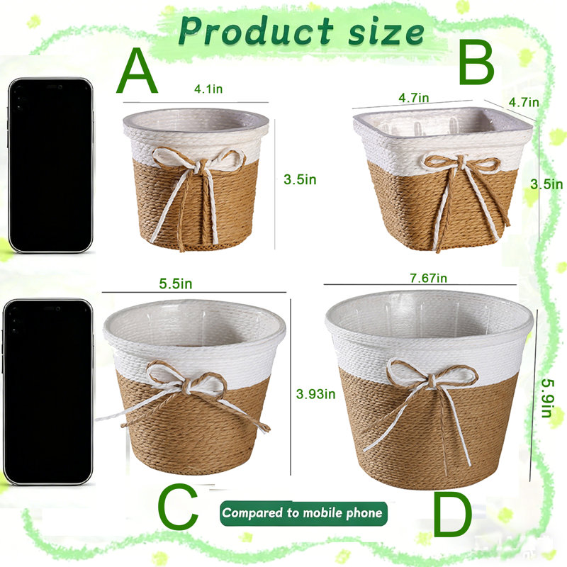 3PCS Paper Rope Flower Planter Decorative Flower Basket , Flower Pots Cover, Plant Containers,, 3.5" H x 4.1" W x 4.1" D