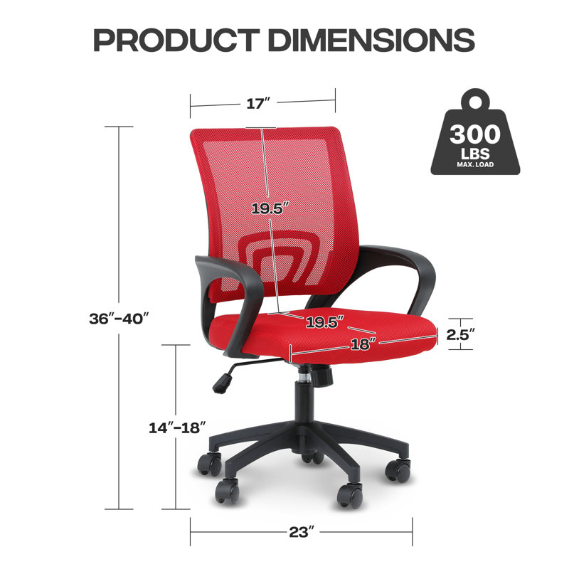 Mesh Office Chair, Adjustable Computer Desk Chair,  Swivel Ergonomic Task Chair With Wheels and Lumbar Support, Red