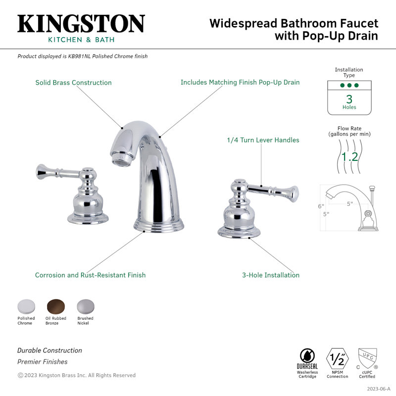 Kingston Brass Naples Two-Handle 3-Hole Deck Mount Widespread Bathroom Faucet with Retail Pop-Up Drain, Polished Chrome