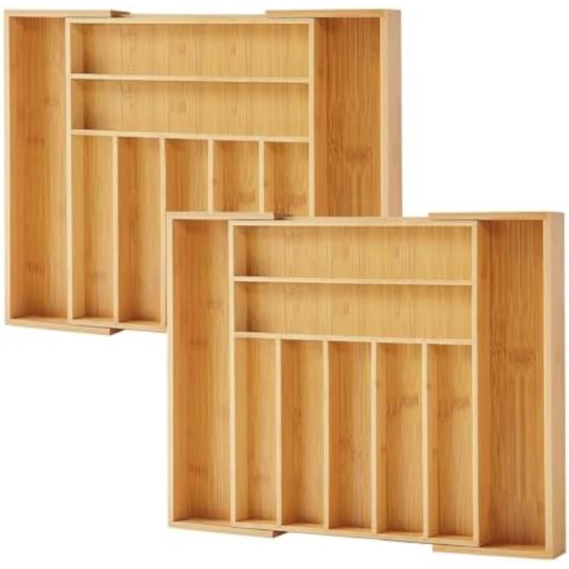 Organisateur de tiroir en bambou, paquet de 2 - Organisateur de couverts extensible et organisateur de tiroir à ustensiles, plateau à couverts avec séparateurs, 7 à 9 fentes - Organisateur de cuisine de qualité supérieure pour ustensiles et couverts (naturel)