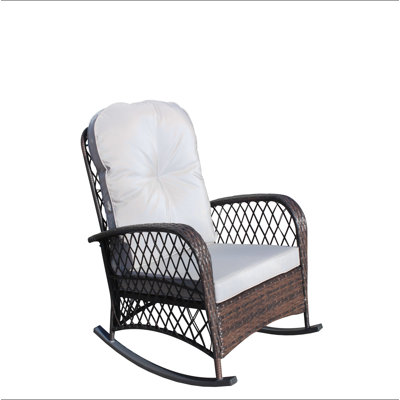 Chaise berçante d'extérieur en osier avec assise large, coussin épais et moelleux, chaise berçante en rotin avec structure en acier, capacité de poids élevée pour patio, jardin, cour arrière, coussin gris