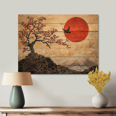 Eternal Sun Of Japanese Landscape II - Traditional Red Wood Print On Natural Pine Wood