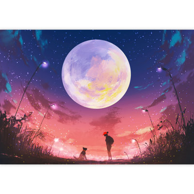 «Woman with Dog at Night with Huge Moon Above», grand papier peint autocollant amovible