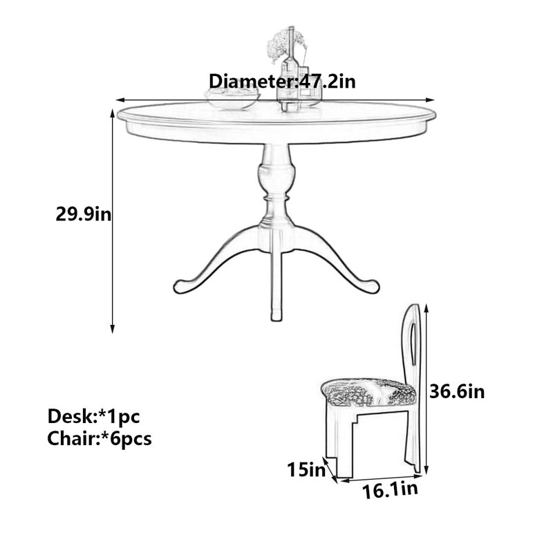 Table de salle à manger Retro American-French, H 29,9 po x l 47,2 po x P 47,2 po, 7 pièces : table, 6 chaises