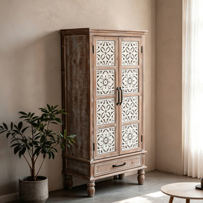 55.11" H Farmhouse Tall Accent Cabinet, Hand‑Carved Floral 2‑Door Solid Wood Storage Cabinet with Drawer, Rustic Distressed Finish for Living Room, Entryway