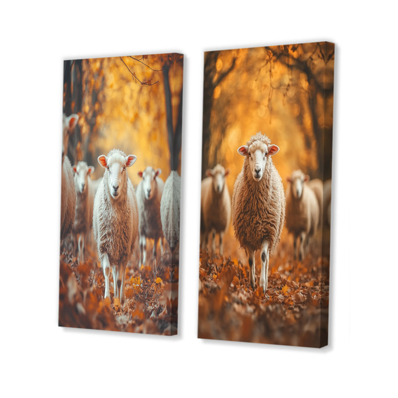 Autumn Wanderers Sheep Portrait I - animaux, art mural 2 panneaux, H 28 po x l 25 po, Toile tendue