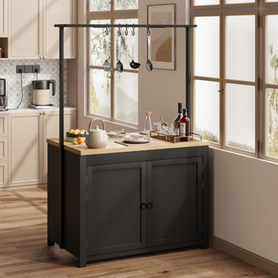 Kitchen Island with Storage 42" - Heavy Duty Kitchen Cart, Mobile Kitchen Island with 2-Tier Shelves & 5 Hooks, Solid Wood Countertop for Small Spaces by Ophelia & Co.