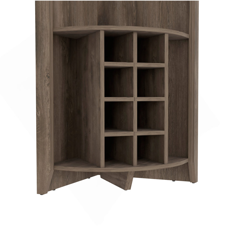 Armoire de coin Essential, trois tablettes, huit porte-bouteilles encastrés, deux tablettes latérales brun foncé