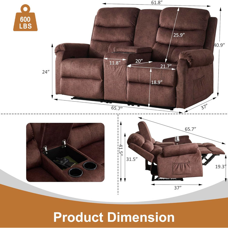 Fauteuil inclinable manuel avec canapé et fauteuil inclinable double, Velours brun