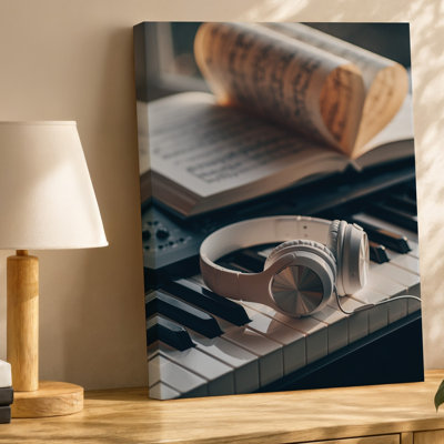Canvas A Serene And Artistic Composition Featuring A Pair Of White Wall Art Headphones Resting On A Black And White Piano Keyboard Canvas Wall Art