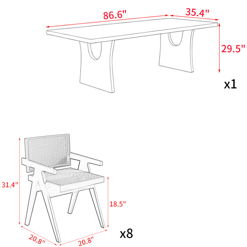 Nordic simple solid wood dining table set, 29.5"H x 86.6"L x 35.4"W