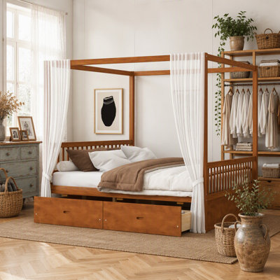 Wooden Canopy Bed with Storage Drawers