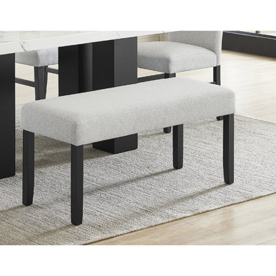 Banc gris doux et neutre avec siège et pieds à finition foncée, contemporain pour la salle à manger