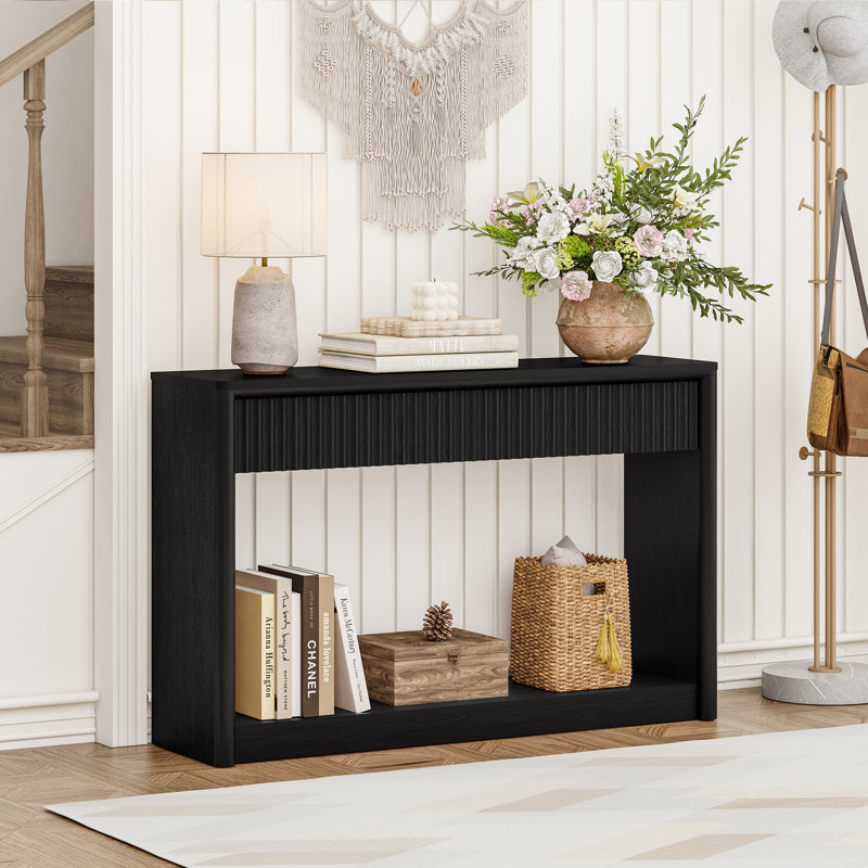 Console 47,36 "à motif de vagues avec 2 tiroirs, canapé en bois pour le salon, l'entrée et la chambre à coucher, Noir